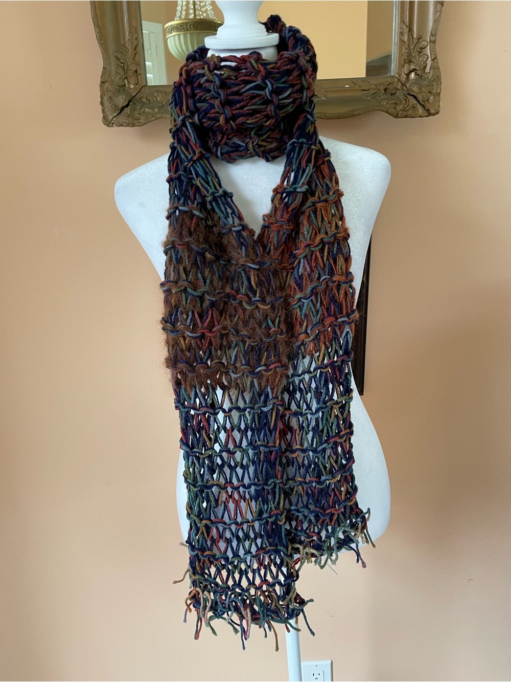 Handcrafted Loose Knit Acrylic Wool Blend Multicolor Whimsical Wrap Scarf  NEW